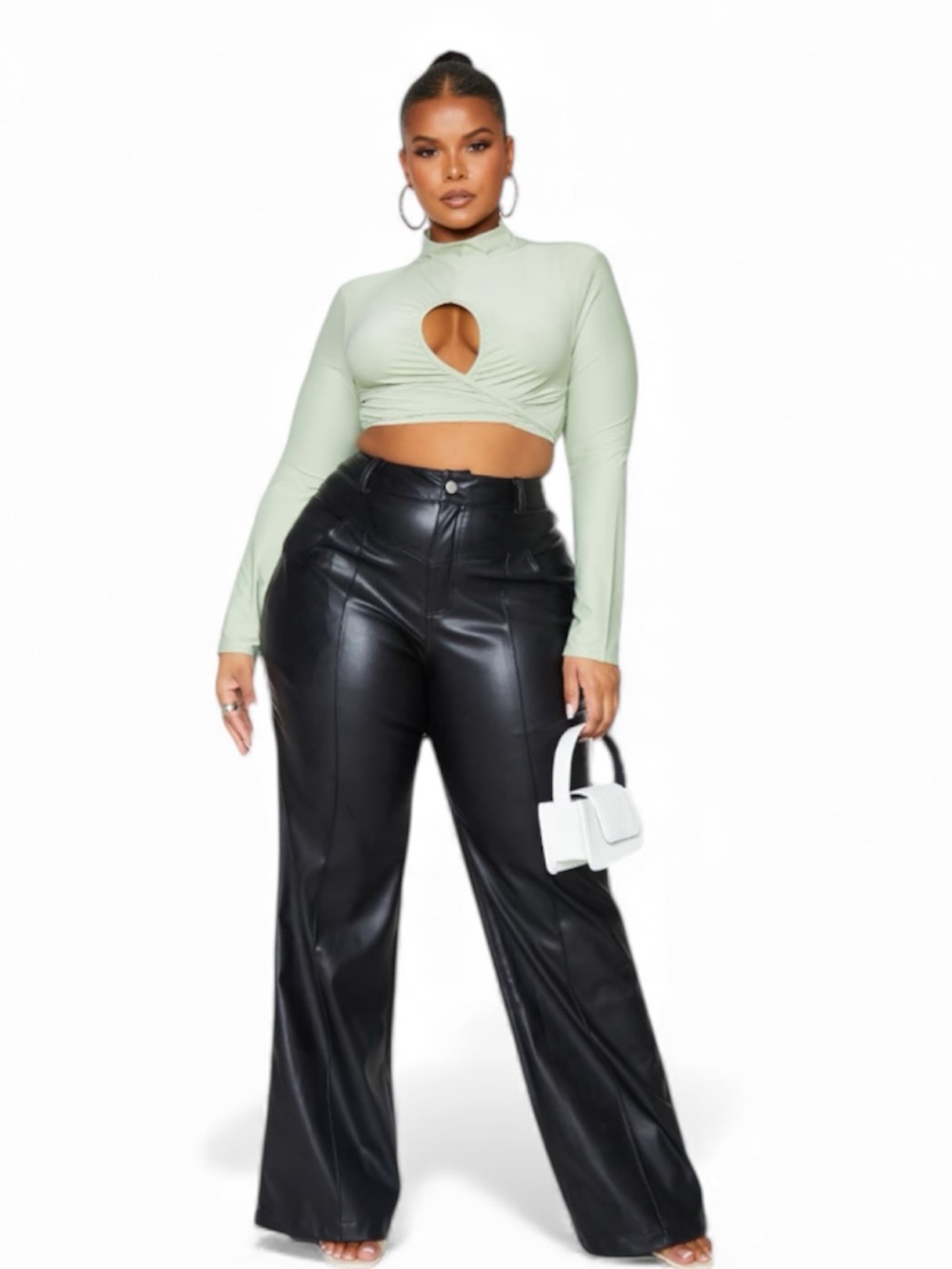 NWT PrettyLittleThing Plus Black Faux Leather Seam Detail Wide Leg Trouser US 24